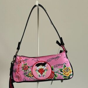 Ed Hardy Pink Floral & Heart Tattoo-Print Shoulder Bag